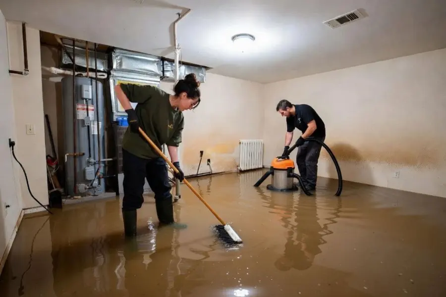 Two technicians extracting water from a flooded Antioch, IL lower level
