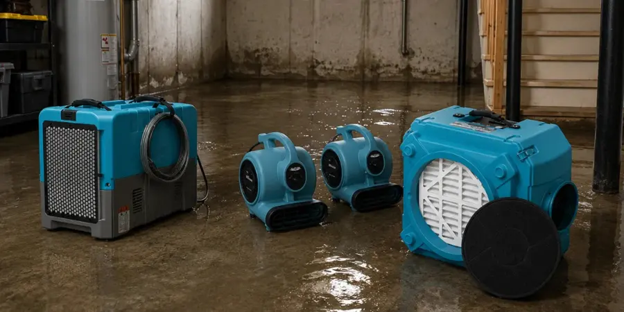 A dehumidifier and air movers drying an Antioch, IL basement