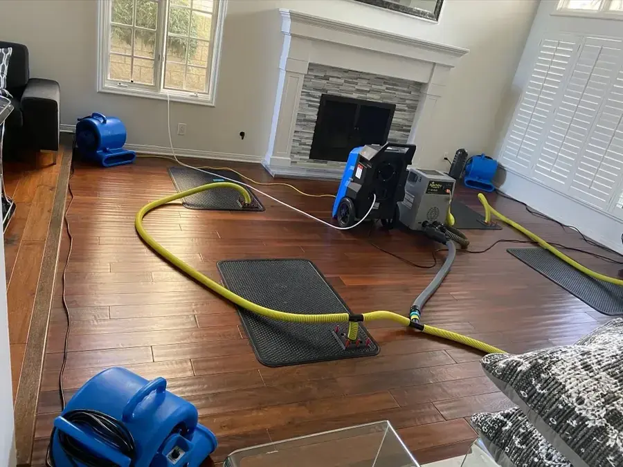 Air movers and a dehumidifier drying a flooded Antioch, IL home