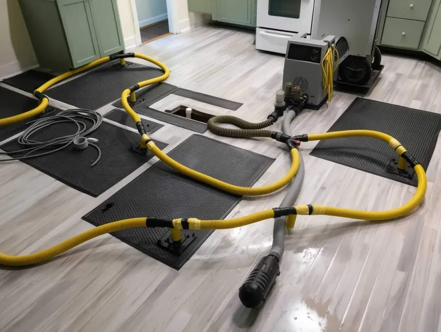 Air movers and dehumidifiers drying an Antioch, IL room